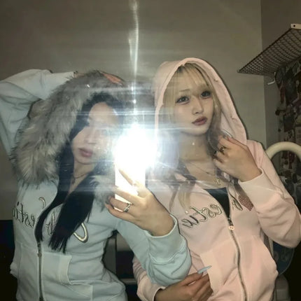 Harajuku Letter Embroidery Double Zipper Hoodie Women American Retro Fur Collar Oversized Sweatshirt Trendy Gothic Streetwear