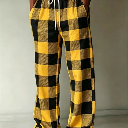 Men's classic plaid/diamond print casual pants, loose and breathable drawstring style, suitable for outdoor sports