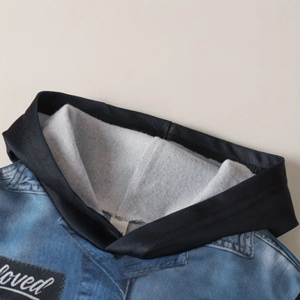 Toddler Boy's Spring and Autumn Outfit: Denim Printed Hoodie + Black Cuffed Pants, Trendy Fake Two-Piece Set for Boys