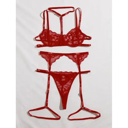Women's Sexy Lingerie Set Floral Lace Underwear Suit For Women Mesh Hollow Out Bra Suits Female Bra Thongs Three-piece Lingerie
