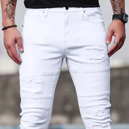 Men White Skinny  Stretch Jeans Spring Casual High Street Fashion Biker American Trend Denim Pants Distressed Hip Hop Trousers