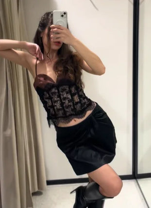Fashion Women Sexy Lace Patchwork Sequin Sling Top Off Shoulder Backless Sleeveless See Through Slim Vests 2025 Lady Club Wear