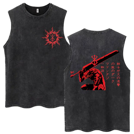 Anime Berserk Guts Washed Harajuku Tank Tops Retro Manga Gatsu Griffith Zodd Sleeveless T Shirts Unisex Cotton Oversized T-Shirt