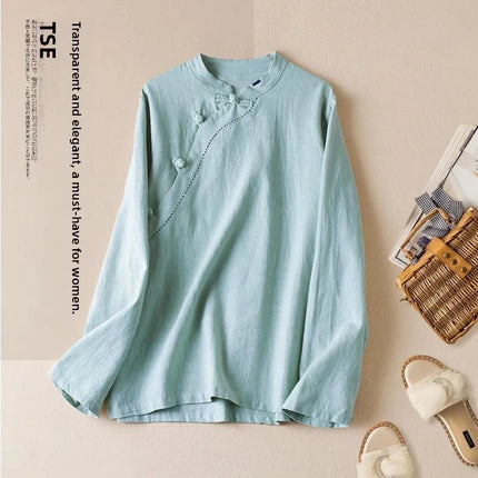 Retro Artistic Women's Long Sleeve Cotton Linen Loose Slim Fit Shirt Stand Collar Side Button Geometric Pattern Elegant Style