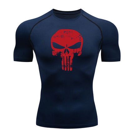 Skull Print Compression Shirts for Men Gym Workout Running Tshirts Sporty Athletic Quick Dry Tees Tops Short Sleeve Rash Guard