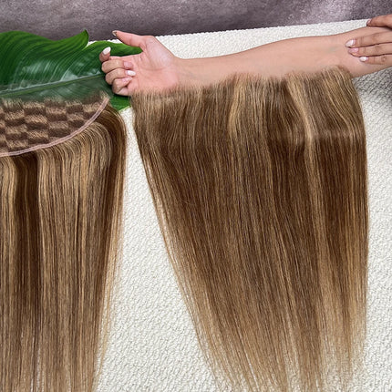 #P427 Honey Blonde Highlight 13x4 Invisible HD Lace Frontal Melt Skin PrePlucked Bleached Knots Straight Raw Virgin Human Hair