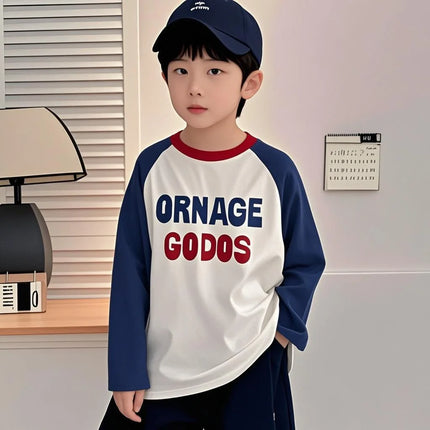 Spring Autumn Boys' Girls' Cotton T-shirts Color-blocking Long-sleeved T-shirts Casual Fashion Children's Clothing Base Shirts