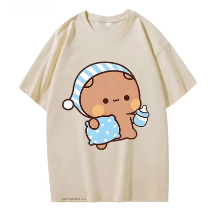 Couple T-shirt Cute BuBu Panda Going to Sleep with DuDu Bear Graphic T-shirt Women Clothes Sleeve Tops Women's Clothing