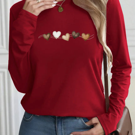 Women's Autumn and Winter 100% Pure Cotton Fashionable Casual Heart-Shaped Printed Round Neck Long-Sleeved T-Shirt Top
