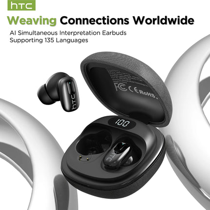 HTC NE75 TWS Bluetooth 6.0 AI Translator HiFi Stereo ENC Noise Cancelling Touch Control Wireless Earphones for Travel Sport