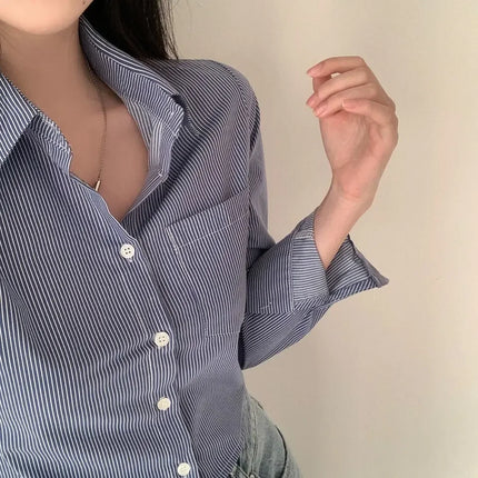 Spring High Waist Slim Fit Striped Shirt Women's Button up Polo Collar Cotton Polyester Blend Fashionable Korean Style