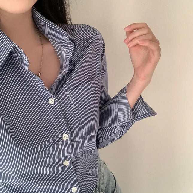 Spring High Waist Slim Fit Striped Shirt Women's Button up Polo Collar Cotton Polyester Blend Fashionable Korean Style