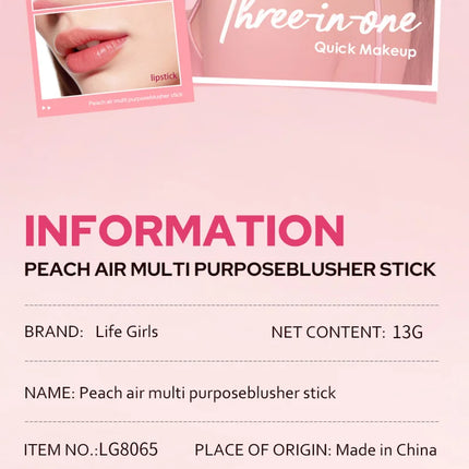 Life Girls Peach air multi purpose blusher stick,Natural and comfortable to wear, with a natural makeup effect. Highlighting blu