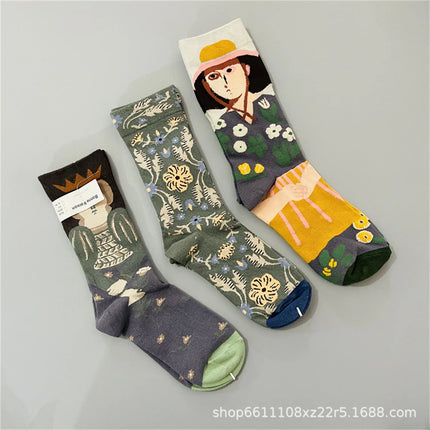 Bonne Maison French Small Batch Women's Fun Oil Painting Style Mid-Calf Cotton Dopaamine Colorful Socks Moisture Wicking Sweat