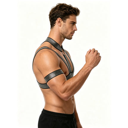 Sexy Men Harness with Armbands Set Erotic Bondage Lingerie Elastic Halter Body Belt Shiny O Ring Fetish Costumes
