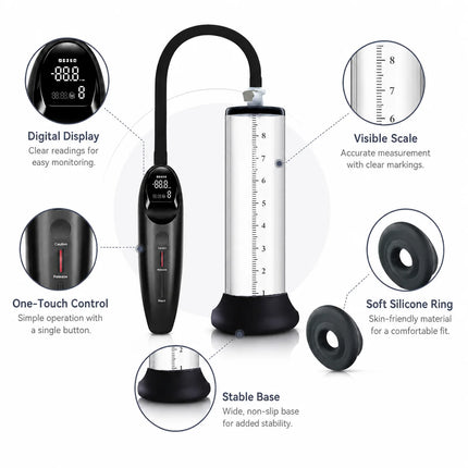 Electric Male Vacuum Pump with Clear Measuring Cylinder Digital Display Black Hose and Man Masturbation Trainer Sex Toy