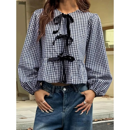 2025 Plus Size Black White Plaid Shirt: Bow Long Sleeve Blouse with Elegant & Breathable Fabric for Office Casual Chic Style