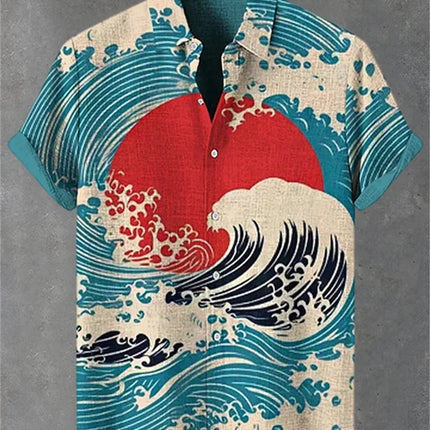 Men's short-sleeved shirt, stylish fighter jet print, breathable casual top, trendy retro pattern, personalized Hawaiian shirt.