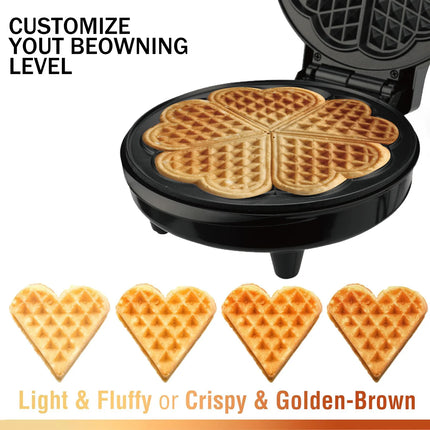 Heart Waffle Maker- Make 5 Heart Shaped Waffles for Special Loved Ones Breakfast- Nonstick Baker Easy Cleanup, Electric Waffler