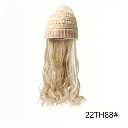 20inch Long Water Wavy Synthetic Hairpiece Beanie Hat - Woven Wigs with Knit Pom Cap and Warm Winter Design - Soft, Detachable,