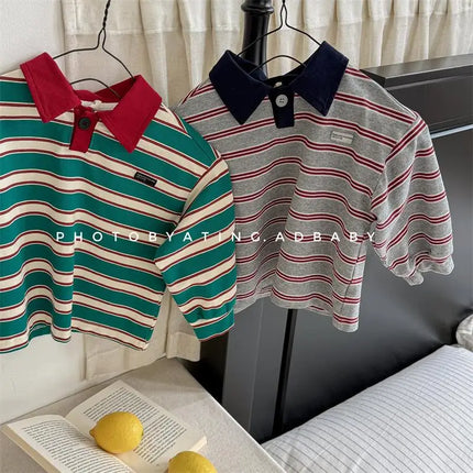 New 2026 New Spring Baby Boys Striped Polo Shirts Long Sleeve Tops Korean Style Toddlers Kids Casual T-shirts