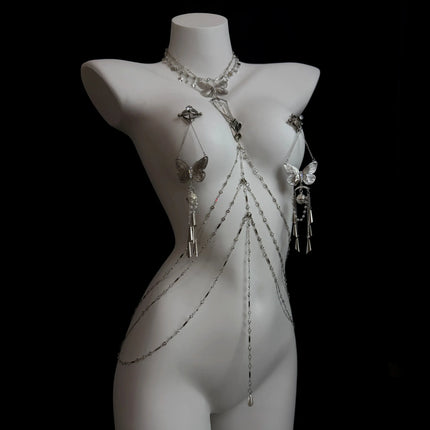 Sexy Body Chain Butterfly Nipple Clamp Breast Massager BDSM Necklace Nipple Ring Anal Plug Clitoris Clip Anal Stimulator Adults