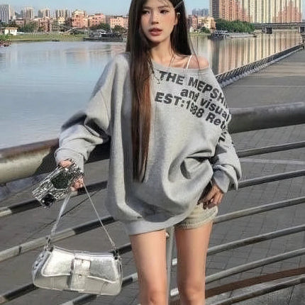 Y2k Sexy Oversize T shirt Women Streetwear Txt Print Long sleeve Basic Top Lady Fall Winter Korean One shoulder Sweat Shirt