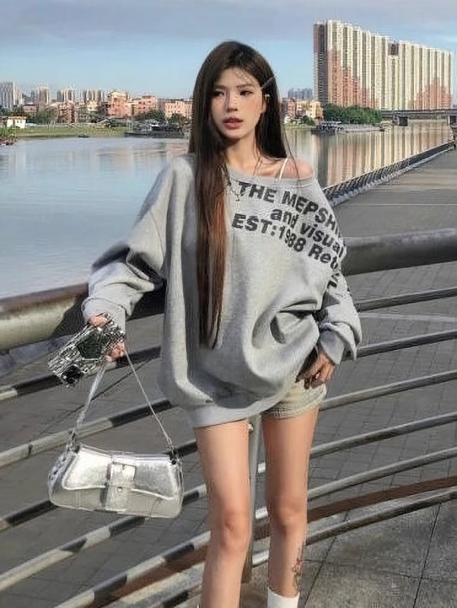 Y2k Sexy Oversize T shirt Women Streetwear Txt Print Long sleeve Basic Top Lady Fall Winter Korean One shoulder Sweat Shirt