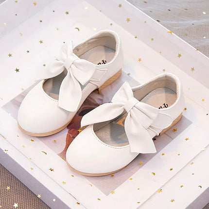 Girls Leather Shoes with Big Bow-knot Princess Sweet Classic Fashion Children Party Shoes White for Wedding Soft Anti-slippery