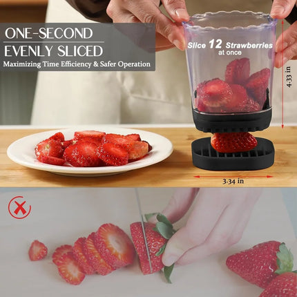 2-in-1 Detachable Fruit Slicer & Dicer, Stainless Steel Strawberry Slicer with Lid, Fruit Cutter with Push Plate for Banana Egg, Creative Cup Slicer, Must Have Vegetable Cutter Kitchen Gadget