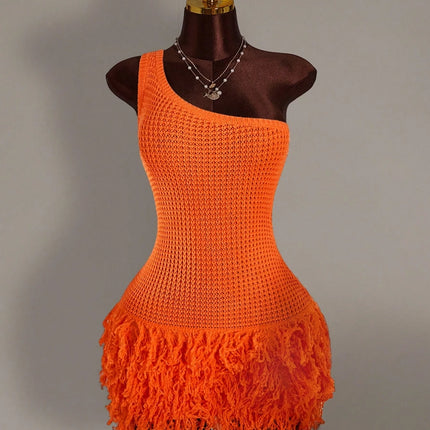 2026 Y2K TikTok Hot One Shoulder Crochet Dress Orange Fringe Bodycon Mini Dress for Vacation Party Clubwear