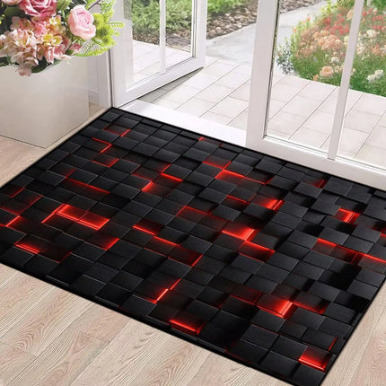 Black Red 3D Cube Print Rug, Glowing Square Block Geometric Pattern, Non-Slip Washable Mat for Living Room Sofa Dining Room Indoor