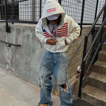 Autumn new national flag minimalist design color collision pattern men hooded sweatshirt Harajuku Y2k loose zipper sweatshirt