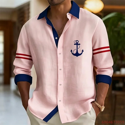 2026 Summer New Men's Long-Sleeve Shirt, Contrasting Collar with Anchor Print, Fashionable Casual Hawaiian Shirt, XS-6XL