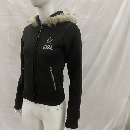 Vintage American Retro White Letter Hoodie Women Winter Faux Fur Lined Zip Up Sweatshirt Cozy Pullover Streetwear 2026 New