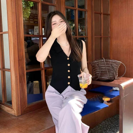 Women's French Temperament V-neck Sleeveless Slim Fit Knitted Vest Single Breasted Elegant Style
