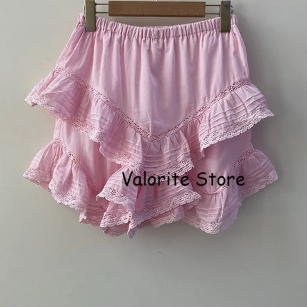 2025 Woman Pink Lace Embroidered Shirt Stand Collar Long Sleeved Hollow Out Buttons Up Matching Layered Shorts Skirts 2pcs set