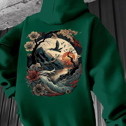 Oversized Unisex Hoodie Oriental Mountain Bird Flower Sunset Back Print 2026 Spring Ulzzang Y2K Viral Street Sweatshirt