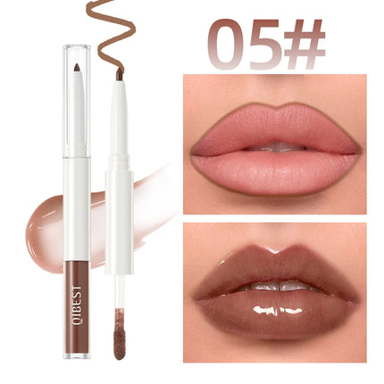 Double Head Mirror Lip Glaze 2 in 1 Lipliner Pen Water Light Lip Gloss Makeup Set Matte Velvet Lip Liner Pencil Contour Cosmetic