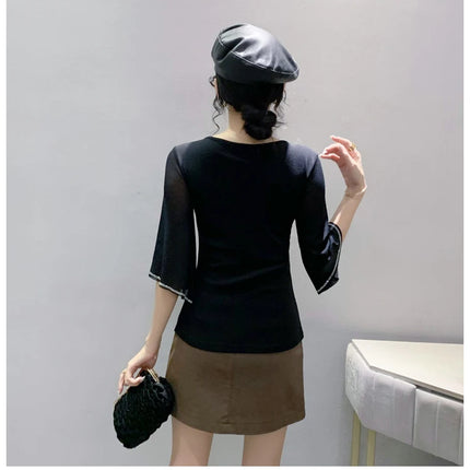 2025 Spring Summer Mesh Tops Korean Fashion Diamond T Shirt Slim 3/4 Sleeve Hollow Out Casual Women Shirt