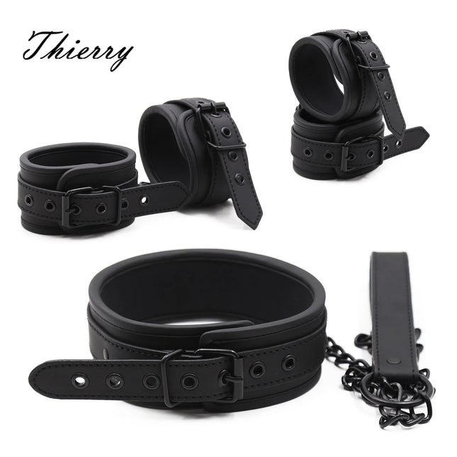 Thierry PU Leather SM Products Wrist Cuffs & Ankle Cuffs & Neck Collar Set, BDSM Bondage Sex Toys, Handcuffs Cosplay Accessories