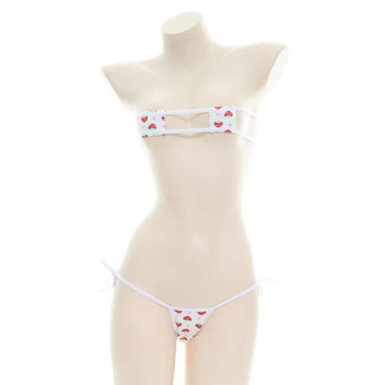 Erotic Fun Strawberry Costumes Bra Sexy Lingerie Lolita Kawaii Cosplay Pink White Striped Mini Bikini Women Underwear Japanese