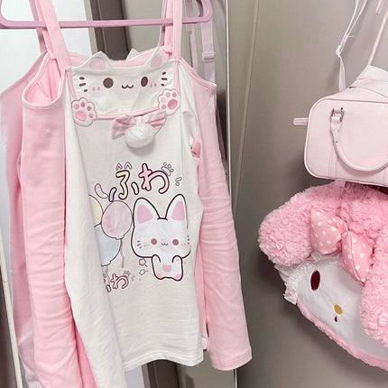Cute  Print Halter Neck Long Sleeve T-Shirt Fake Two-Piece Shoulder Bared Style Sweet Japanese Aesthetic Slim Fit for Girls