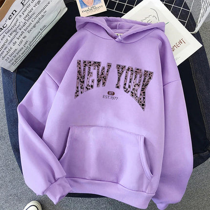 Leopard Letter New York Print Unisex Hoodies Women's Casual Y2k Sweatshirts Graphic Vintage Hoody Pullovers Streetwear Clothes