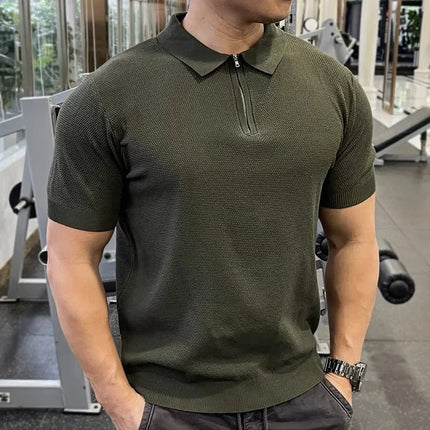 Business Casual Summer New Style Short Sleeve Polo Shirt Men's Knitted Slim Fit Collared Top Trendy Ins Style AE Stock