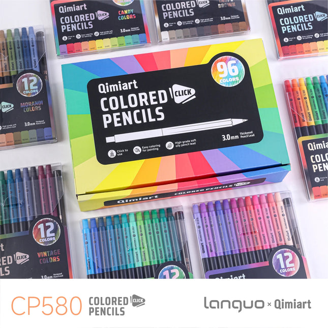 Cp580 Retractable Colored Pencil Set, 12 Colors Available in 8 Themed Styles and 96 Colors in a Full Color Range, 3.0mm Thick Oil-Based Pencil Lead, Can Be Sharpened and Pressed, with Rich Color Payoff Even on Black Paper, Su