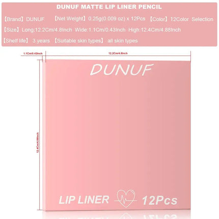 DUNUF 12 Color Matte Lip Liner Pencil Set Waterproof Smudge Proof Long Lasting Vegan Cruelty Free Lipstick Makeup Kit