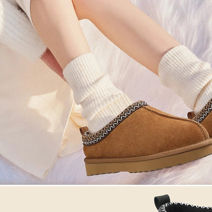 Evshine Winter Genuine Fur Slippers For Women Outdoor Non-slip Plush Lined Snow Boots Fuzzy Cotton Shoes Warm Fur House Slippers