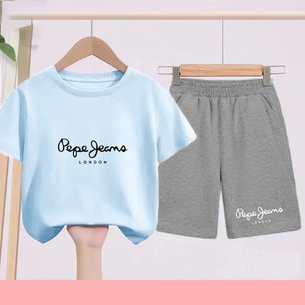 Children's Sportswear Set - White T-shirt + Shorts - Personalized Letter T-shirt Suitable for Boys and Girls Aged 3 to 13