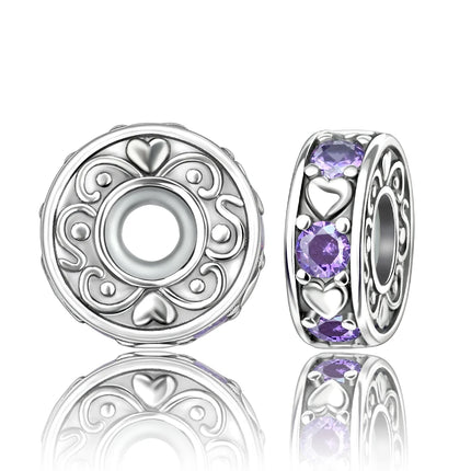 925 Sterling Silver Inlaid Heart-Shaped Beads & Rose Dangle Charm Fits Snake Bracelet Boutique Necklace Purple Pendant Gift